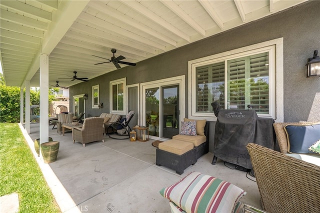 7256 Plumrose St, Fontana, CA 92336 - view of patio with outdoor lounge area, a ceiling fan, and grilling area