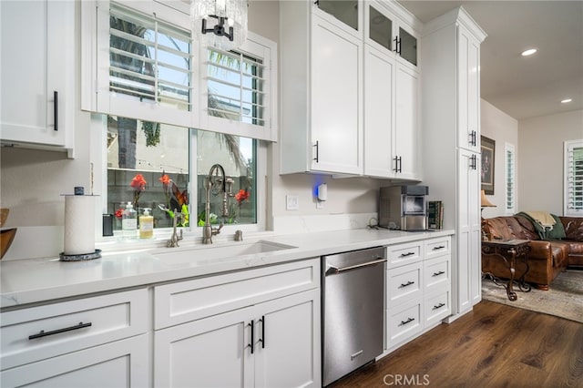 7256 Plumrose St, Fontana, CA 92336 - kitchen featuring dishwasher, a sink, light countertops, white cabinets, and recessed lighting