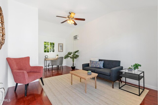 1015 Nolden St, Highland Park, CA 90042 - living area featuring vaulted ceiling, wood finished floors, ceiling fan, and a wall unit AC