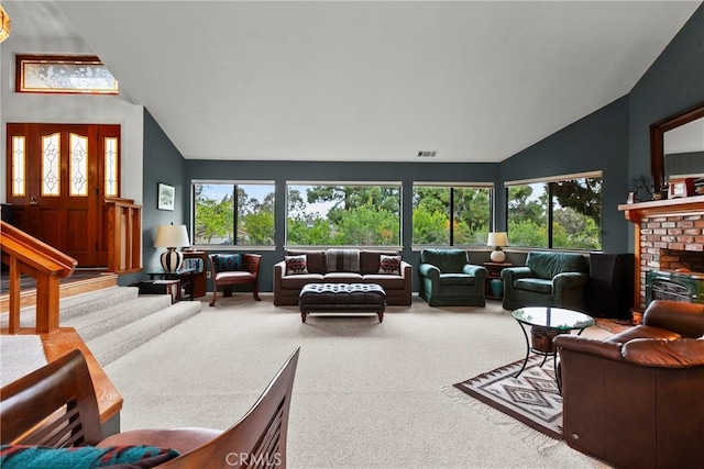 1555 Cordova Dr, San Luis Obispo, CA 93405 - living area with carpet, high vaulted ceiling, and a fireplace