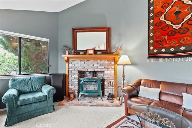 1555 Cordova Dr, San Luis Obispo, CA 93405 - carpeted living area featuring a wood stove