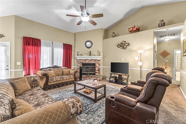 10033 N Baird Ave, Fresno, CA 93730 - carpeted living room featuring a ceiling fan, lofted ceiling, and a brick fireplace