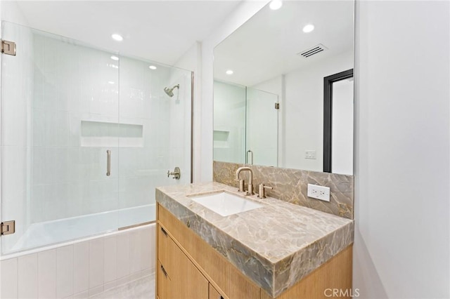 5275 Lynridge Dr, Yorba Linda, CA 92886 - bathroom featuring shower / bath combination with glass door, vanity, recessed lighting, and decorative backsplash