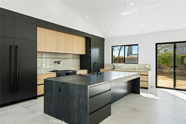 5275 Lynridge Dr, Yorba Linda, CA 92886 - kitchen featuring a sink, paneled built in refrigerator, backsplash, modern cabinets, and plenty of natural light