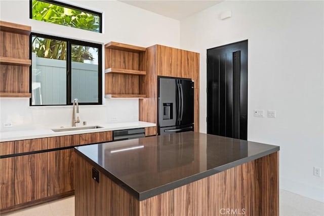 5275 Lynridge Dr, Yorba Linda, CA 92886 - kitchen featuring open shelves, refrigerator with ice dispenser, a sink, modern cabinets, and brown cabinetry