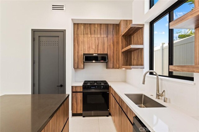 5275 Lynridge Dr, Yorba Linda, CA 92886 - kitchen featuring black appliances, modern cabinets, brown cabinets, and open shelves