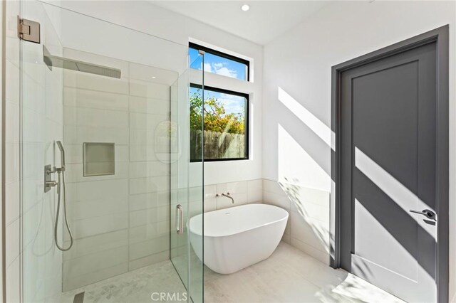5275 Lynridge Dr, Yorba Linda, CA 92886 - full bathroom featuring a shower stall, a freestanding tub, and tile walls