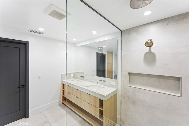 5275 Lynridge Dr, Yorba Linda, CA 92886 - full bath with double vanity, baseboards, recessed lighting, and marble finish flooring