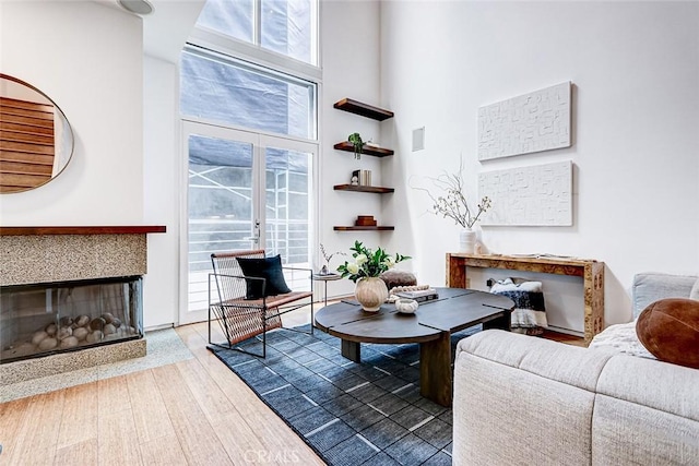 1436 N Detroit St Unit 2, Los Angeles, CA 90046 - living area with a towering ceiling, a glass covered fireplace, and wood finished floors