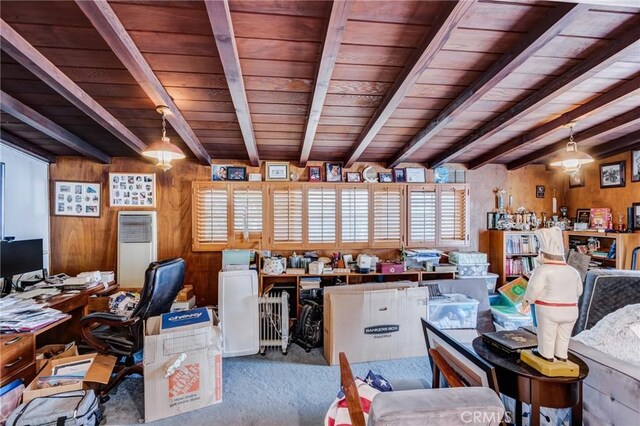 12438 Lambert Cir, Garden Grove, CA 92841 - carpeted home office with wood ceiling with exposed beams and wood walls