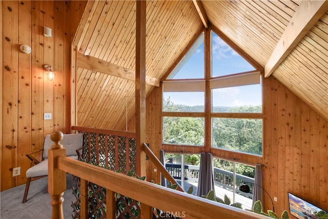 26503 Amador Ln, Lake Arrowhead, CA 92352 - interior space with wooden ceiling with exposed beams, wood walls, and carpet