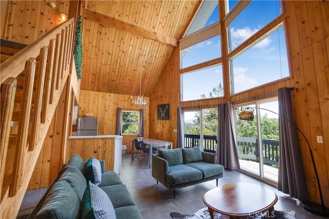 26503 Amador Ln, Lake Arrowhead, CA 92352 - living room featuring high vaulted ceiling, wood walls, and wooden ceiling