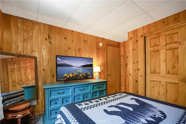 26503 Amador Ln, Lake Arrowhead, CA 92352 - bedroom featuring wood walls and a paneled ceiling