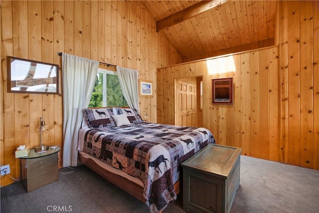 26503 Amador Ln, Lake Arrowhead, CA 92352 - bedroom featuring dark carpet, wood walls, and wood ceiling
