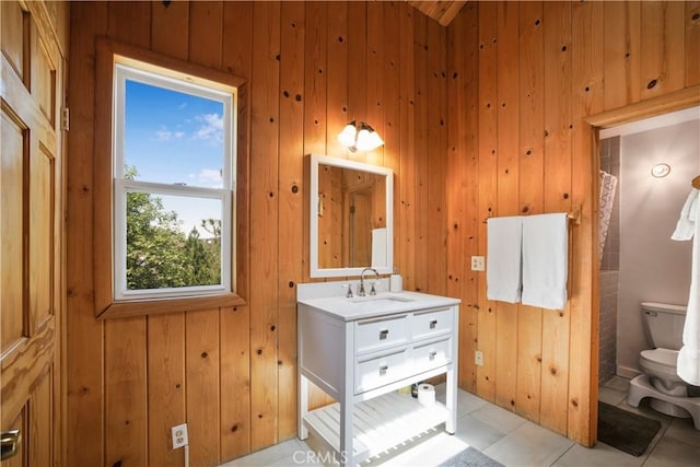 26503 Amador Ln, Lake Arrowhead, CA 92352 - full bathroom featuring toilet, wooden walls, vanity, tile patterned flooring, and a shower with curtain