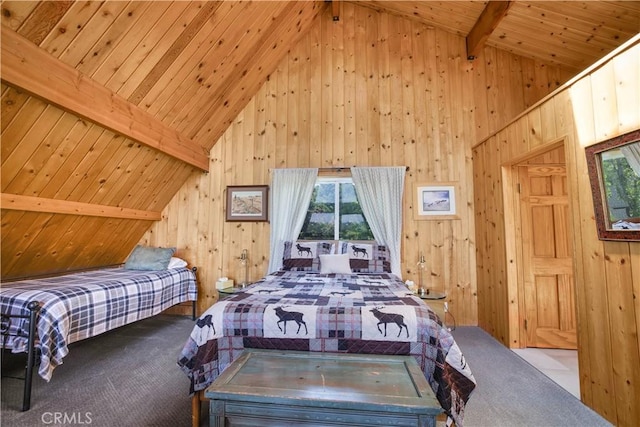 26503 Amador Ln, Lake Arrowhead, CA 92352 - bedroom featuring wood walls, carpet, wood ceiling with exposed beams, and high vaulted ceiling