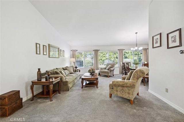 6752 Laurelbrook Dr, Riverside, CA 92506 - living area with a chandelier, carpet flooring, and high vaulted ceiling