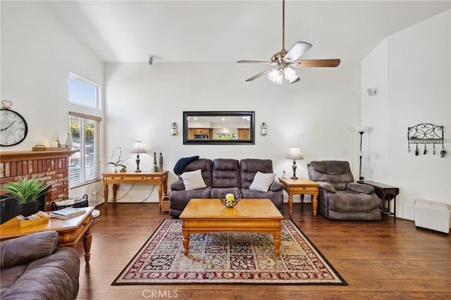 6752 Laurelbrook Dr, Riverside, CA 92506 - living area with hardwood / wood-style flooring, ceiling fan, and a high ceiling