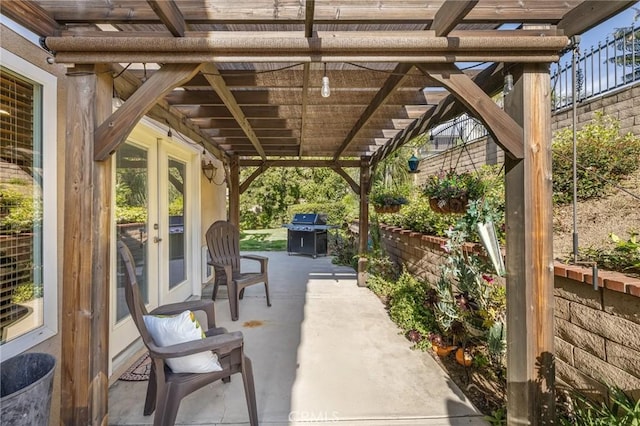 6752 Laurelbrook Dr, Riverside, CA 92506 - view of patio / terrace featuring french doors, grilling area, and a pergola