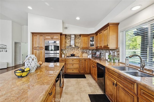 6752 Laurelbrook Dr, Riverside, CA 92506 - kitchen with stainless steel double oven, dishwasher, wall chimney range hood, tasteful backsplash, and lofted ceiling