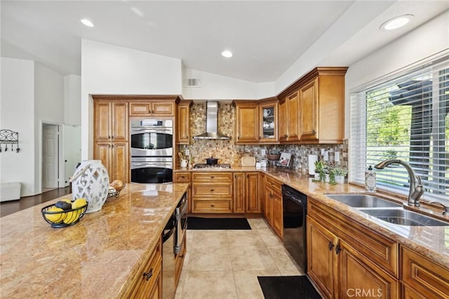 6752 Laurelbrook Dr, Riverside, CA 92506 - kitchen featuring stainless steel appliances, wall chimney range hood, vaulted ceiling, backsplash, and light stone countertops