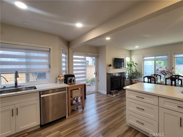 6678 Wrangler Rd, Chino Hills, CA 91709 - kitchen with stainless steel dishwasher, a fireplace, light countertops, light wood finished floors, and recessed lighting