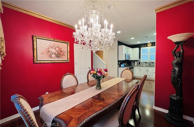 1365 Bonnie Cove Ave, Glendora, CA 91740 - dining space with a chandelier, dark wood-style floors, baseboards, recessed lighting, and stairs