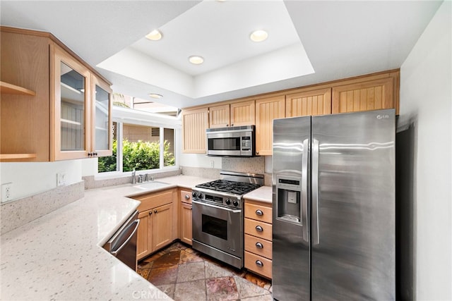 601 San Nicholas Ct Unit 601, Laguna Beach, CA 92651 - kitchen with appliances with stainless steel finishes, a tray ceiling, glass insert cabinets, a sink, and light stone counters