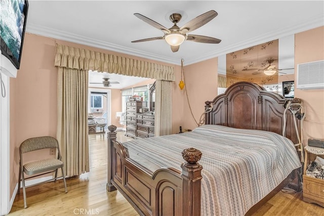 15112 Alderpoint Dr, La Mirada, CA 90638 - bedroom featuring ornamental molding, light wood-style flooring, a wall mounted AC, and ceiling fan