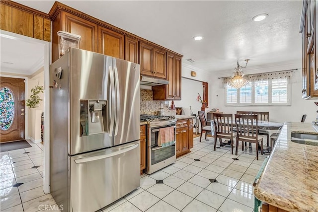 15112 Alderpoint Dr, La Mirada, CA 90638 - kitchen featuring appliances with stainless steel finishes, under cabinet range hood, ornamental molding, light tile patterned flooring, and a chandelier