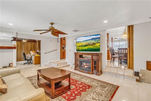 15112 Alderpoint Dr, La Mirada, CA 90638 - living area with ornamental molding, a ceiling fan, tile patterned flooring, a glass covered fireplace, and recessed lighting