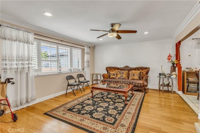 15112 Alderpoint Dr, La Mirada, CA 90638 - living room with ornamental molding, ceiling fan, light wood-type flooring, and recessed lighting