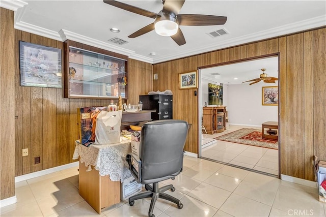 15112 Alderpoint Dr, La Mirada, CA 90638 - office space with wooden walls, a ceiling fan, ornamental molding, and light tile patterned flooring