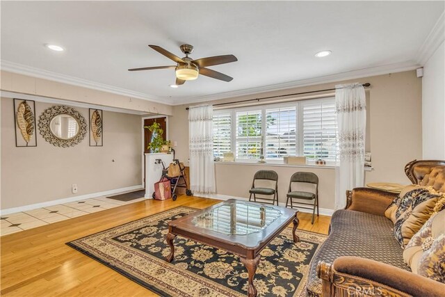 15112 Alderpoint Dr, La Mirada, CA 90638 - living area with a ceiling fan, wood finished floors, crown molding, and recessed lighting