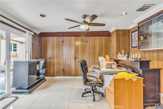 15112 Alderpoint Dr, La Mirada, CA 90638 - office space featuring wooden walls, crown molding, ceiling fan, and light tile patterned floors