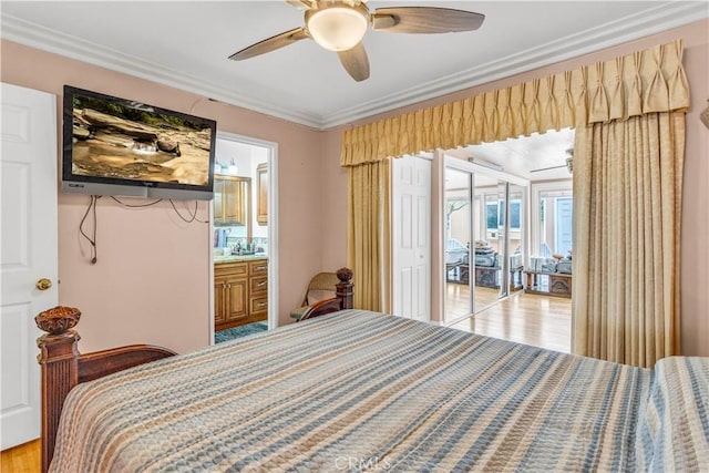 15112 Alderpoint Dr, La Mirada, CA 90638 - bedroom featuring crown molding, light wood finished floors, a ceiling fan, and ensuite bath