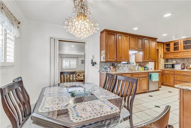 15112 Alderpoint Dr, La Mirada, CA 90638 - dining area featuring a chandelier, light tile patterned floors, ornamental molding, and recessed lighting