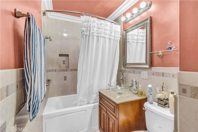 15112 Alderpoint Dr, La Mirada, CA 90638 - full bath with vanity, shower / tub combo with curtain, tile walls, and wainscoting
