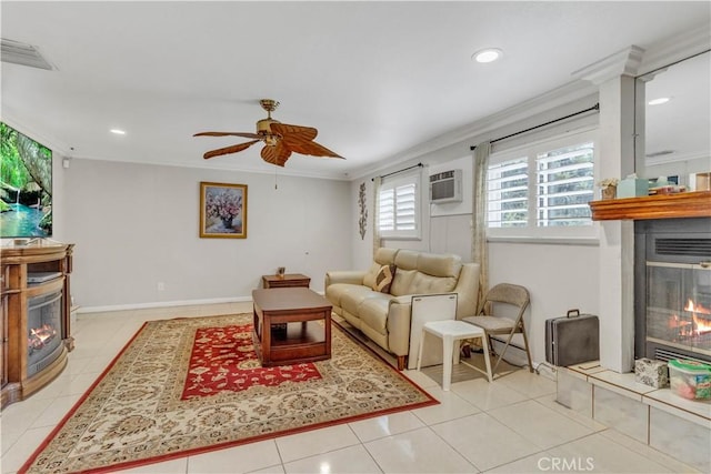 15112 Alderpoint Dr, La Mirada, CA 90638 - tiled living area featuring a glass covered fireplace, crown molding, a ceiling fan, recessed lighting, and a wall mounted air conditioner