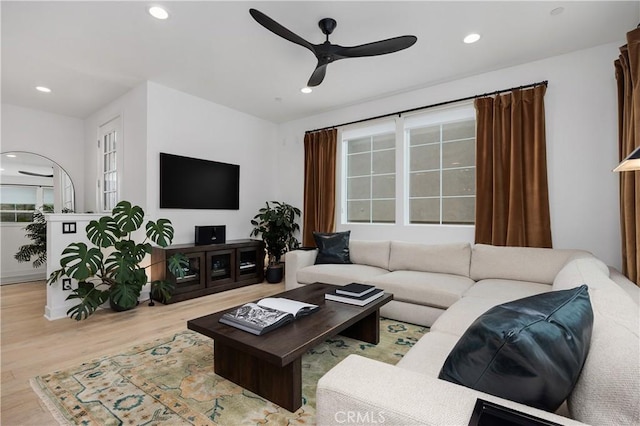 1146 E Cove Pl, Encinitas, CA 92024 - living room featuring a ceiling fan, wood finished floors, and recessed lighting