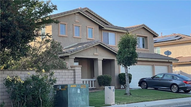 730 Calumet Ave, Beaumont, CA 92223 - view of front of property with an attached garage, stucco siding, a front lawn, and a tile roof