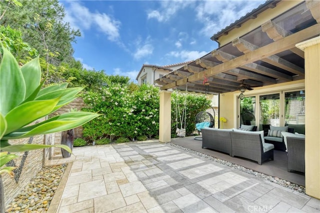 46 Shadybend, Irvine, CA 92602 - view of patio featuring an outdoor living space, a pergola, and ceiling fan