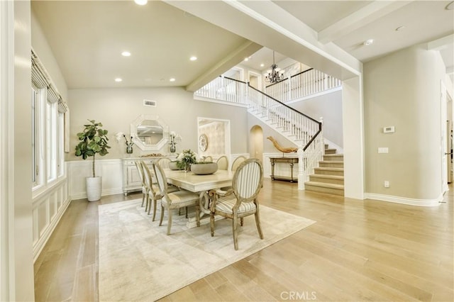 46 Shadybend, Irvine, CA 92602 - dining space featuring stairs, plenty of natural light, a chandelier, light wood-style floors, and recessed lighting