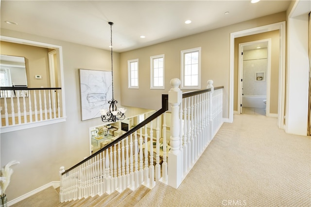 46 Shadybend, Irvine, CA 92602 - hall with an upstairs landing, carpet floors, recessed lighting, and baseboards