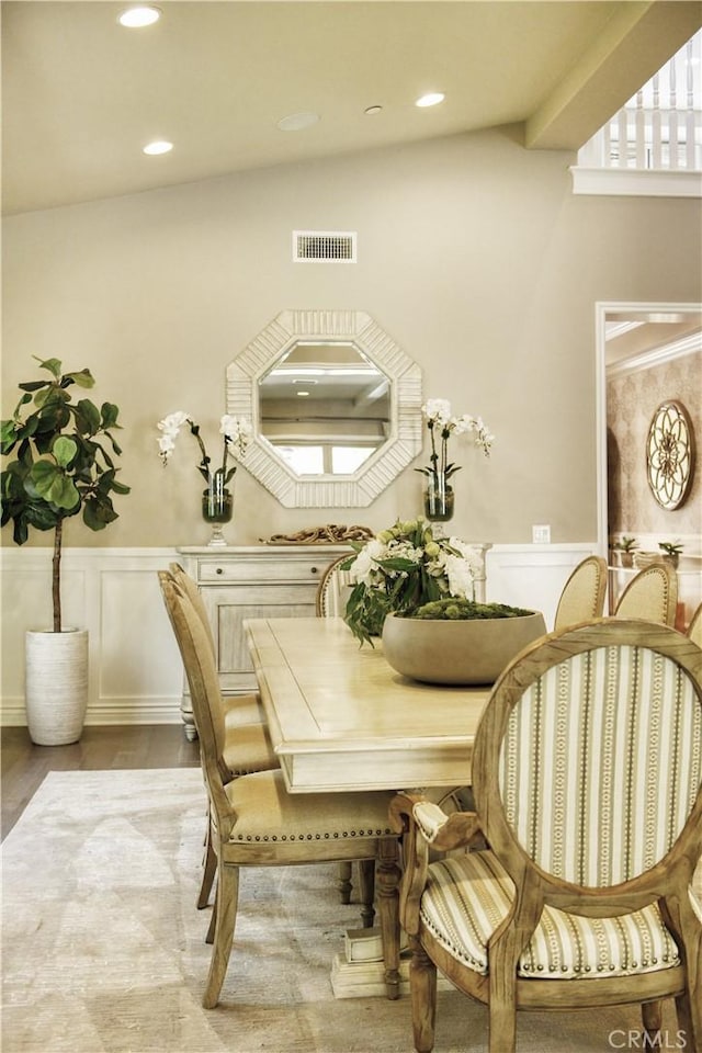 46 Shadybend, Irvine, CA 92602 - dining space with a decorative wall, a wainscoted wall, recessed lighting, and light wood-style floors