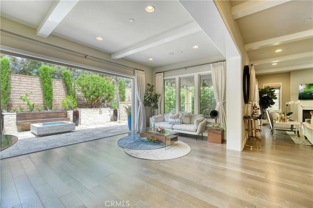 46 Shadybend, Irvine, CA 92602 - living room featuring beamed ceiling, light wood-style floors, and recessed lighting