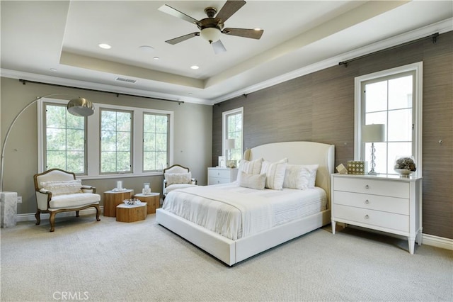 46 Shadybend, Irvine, CA 92602 - bedroom featuring a tray ceiling, light carpet, baseboards, recessed lighting, and ceiling fan