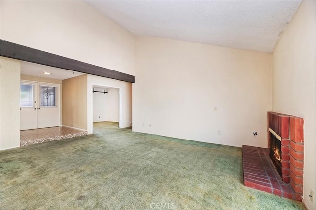 42769 Tierra Robles Pl, Temecula, CA 92592 - unfurnished living room with carpet flooring, a fireplace, and lofted ceiling
