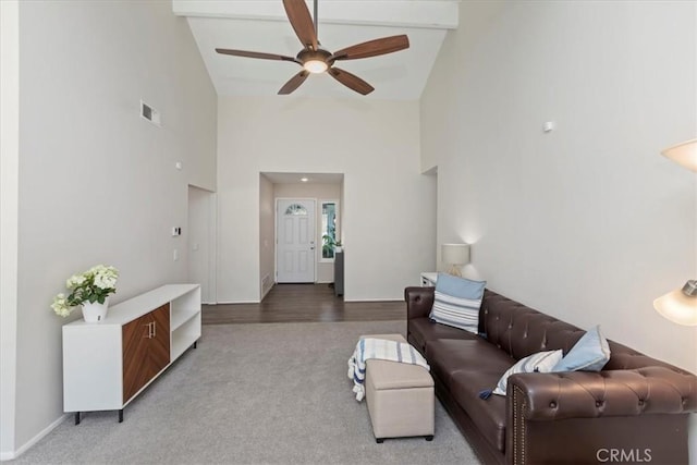 1326 Rosehill Dr, Riverside, CA 92507 - carpeted living area with high vaulted ceiling and ceiling fan