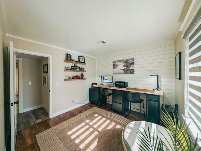 8635 La Butte Ln, Santee, CA 92071 - home office featuring dark wood-style floors, baseboards, wooden walls, and crown molding